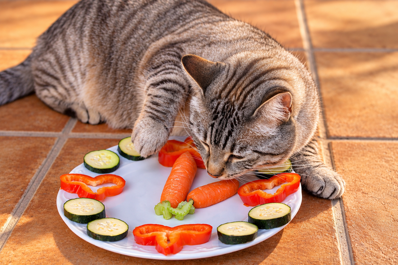Zeus junto a un plato de verduras - The Cat Quarters