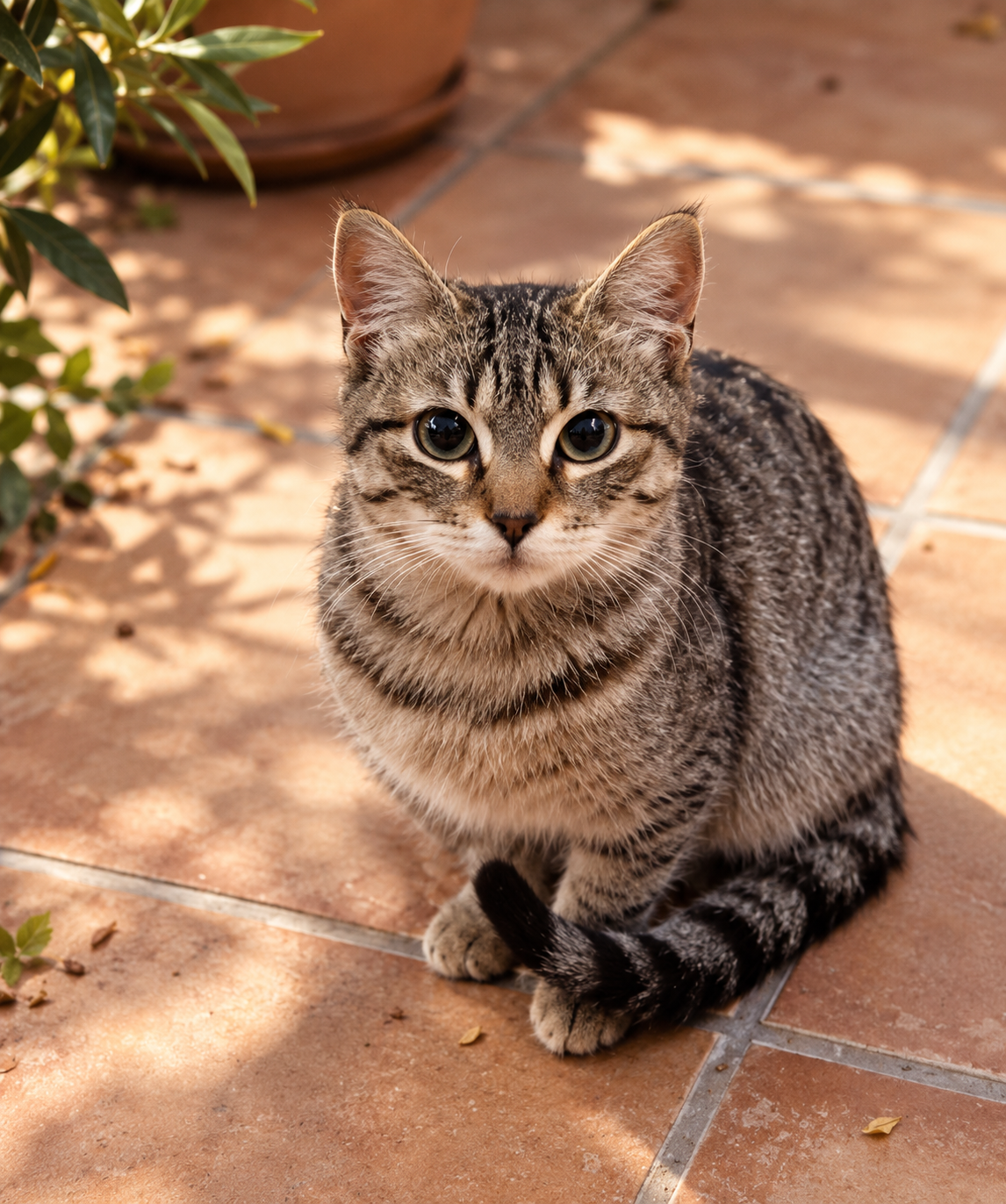 Gato atigrado visitante en la terraza de The Cat Quarters