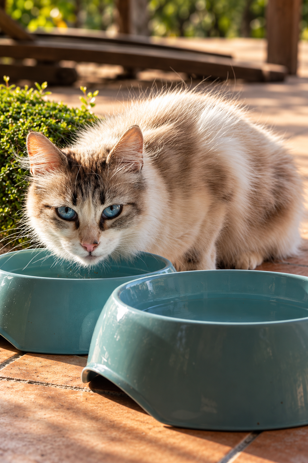 Gato visitante de ojos azules junto a los comederos de The Cat Quarters